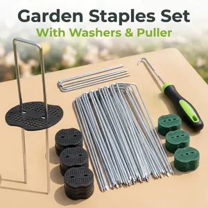 U-Shaped Metal Landscape Stakes Set Heavy Duty Garden Stakes with Washer + Nail Puller  Camping & Garden Stake Set Fixes Fabric Easily