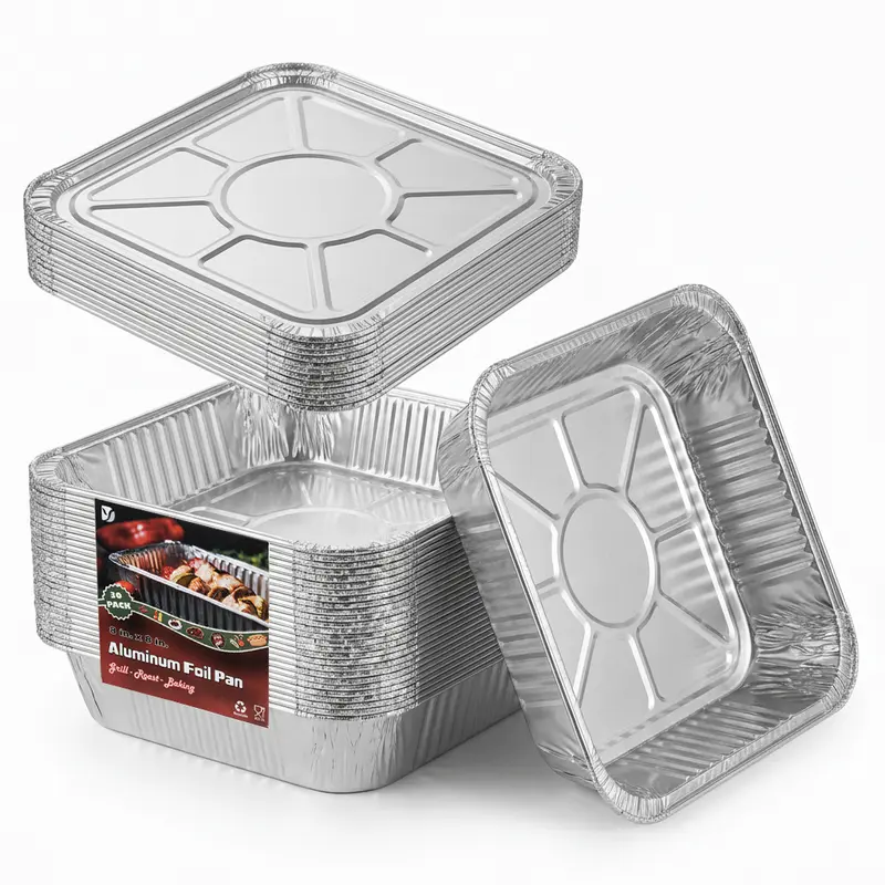 8x8 Thick Heavy-Duty Tear-Resistant Food-Grade Aluminum Foil Disposable 1-Pan Set Cookware (30 Pack with Aluminum Foil Food Covers) - Leakproof, Freeze & Reheat, From Baking to Freezing, Grill-to-Fridge Use Kitchenware