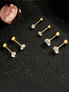 Minimalist Elegant Artificial Zirconia Decor Earrings Set, Stainless Steel Ear Studs, Fashion Jewelry Accessories for Women & Girls