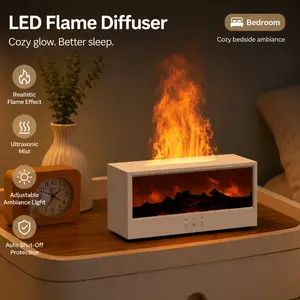 Flame Aroma Diffuser, Ultrasonic Cool Mist Humidifier with LED Fireplace Effect, 7 Color Ambient Light, 1H/3H/5H Timer, Auto Shut-Off, USB-C Desktop Diffuser for Bedroom, Home Office