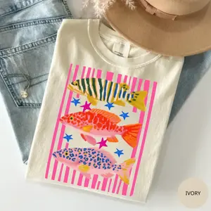 Comfort Colors Preppy Fish T-Shirt, Fishing Shirt, Colorful Maximalist Sublimation, Summer Vacation Tee, Funny Beach T-Shirt, Gift for Her, Cotton Fabric
