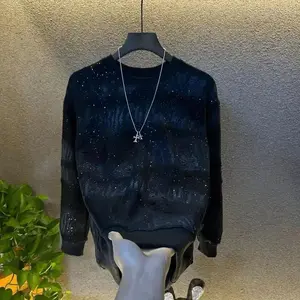 Autumn New Men's Top Light Luxury Long Sleeve Sweatshirt Trendy Sequin Gradient Ripped Crew Neck T-Shirt