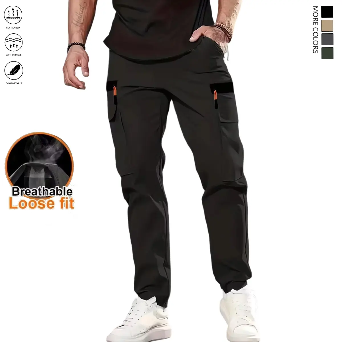 Men's Casual Loose Cargo Pants - Menswear for Spring/Summer/Autumn, Multiple Pockets, Faux Zip Pockets, Drawstring Waist, Lightweight, Breathable, Suitable for Hiking, Camping