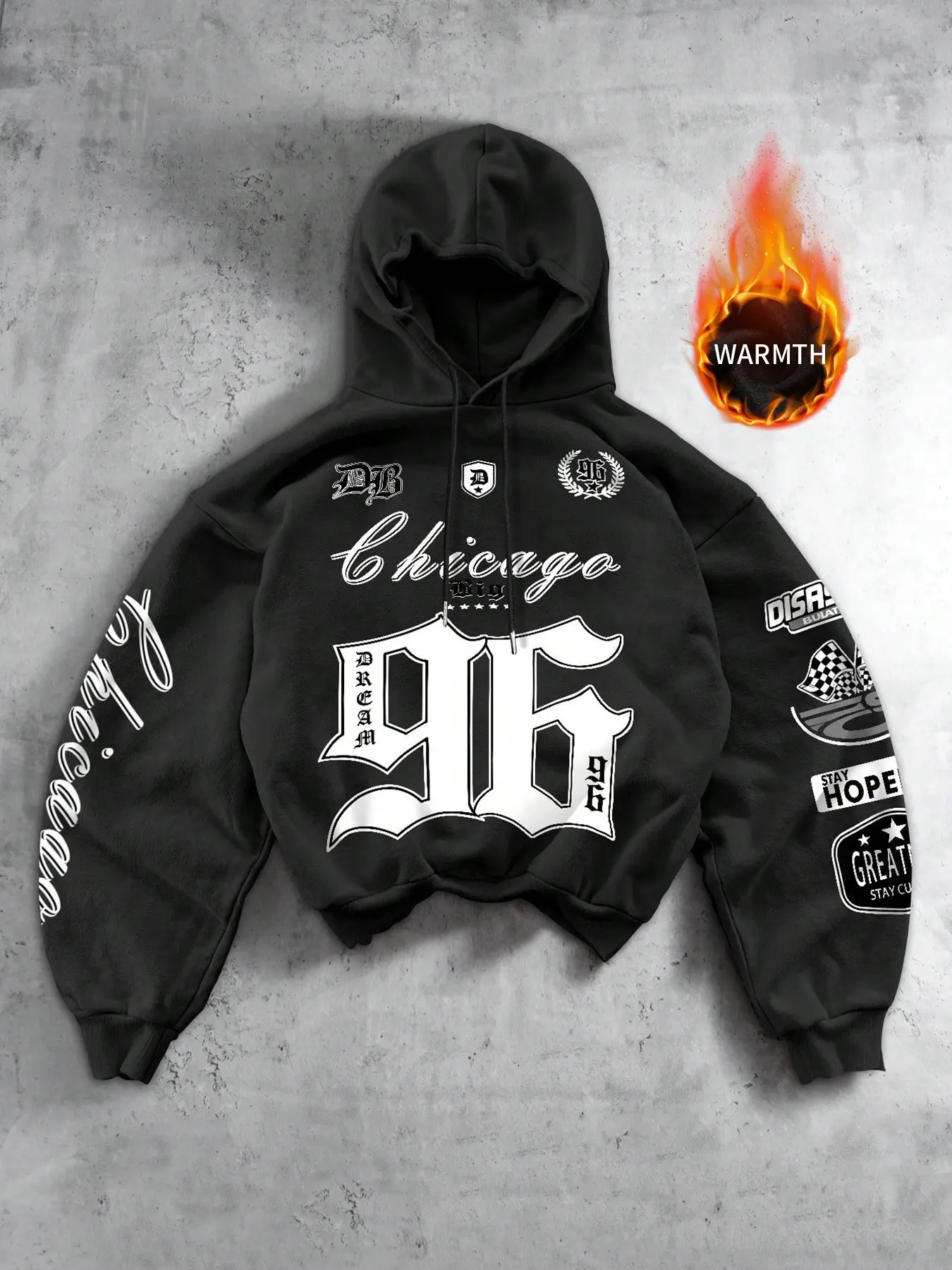 Vintage Chicago 96 Graphic Hoodie - Oversized Boxy Fit Heavyweight Sweatshirt - Black Acid Wash Streetwear Pullover for Men & Women - Retro Sporty Aesthetic Hoody for High Street Fit Check