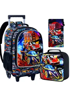 Boys Rolling Backpack, 3PCS Kids Roller Bookbag with Lunch Bag, Wheeled School Bag for Children - Race Car