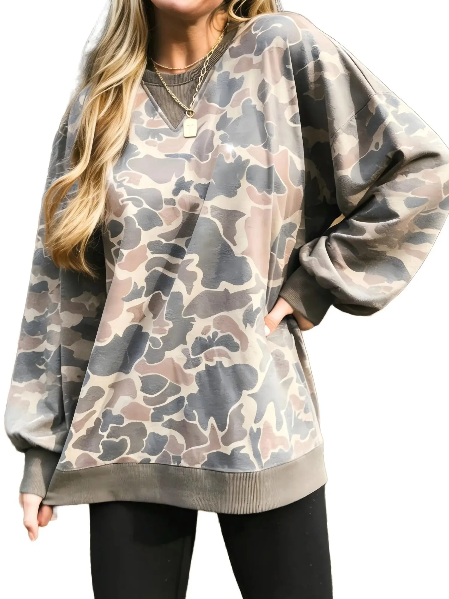 Women's Oversized Camo Print Sweatshirt - Vintage Longsleeves Round Neck Fleece Pullover with V-Patch Detail, Drop Shoulder, Elastane Ribbed Cuffs, Casual Clothes for Sohochic Work