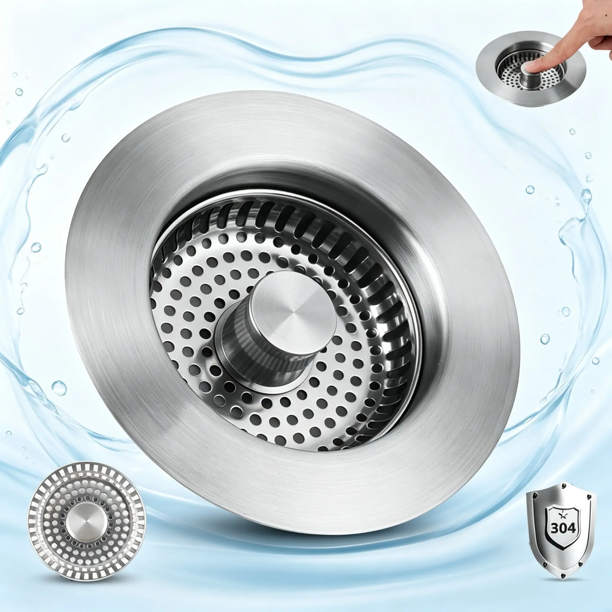 drain strainer,Upgraded 3-in-1 Kitchen Sink Drain Strainer, Stainless Steel Pop-Up Stopper, Anti-Clogging Basket, Fast Drainage Plug, Fits US Standard 3.5-Inch Drain