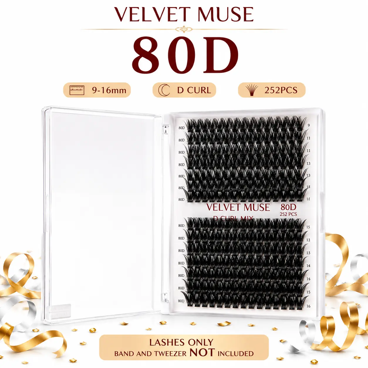 Velvet Muse 80D Cluster Lashes, 252pcs, D Curl, 9-16mm Mixed length, DIY Individual Lash Clusters, Lashes Only