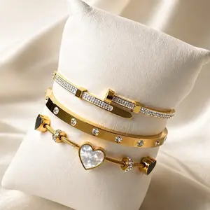 Waterproof 18K Plated Gold Heart and Rhinestone Bangles Sets for Women - Stylish Jewelry Gift