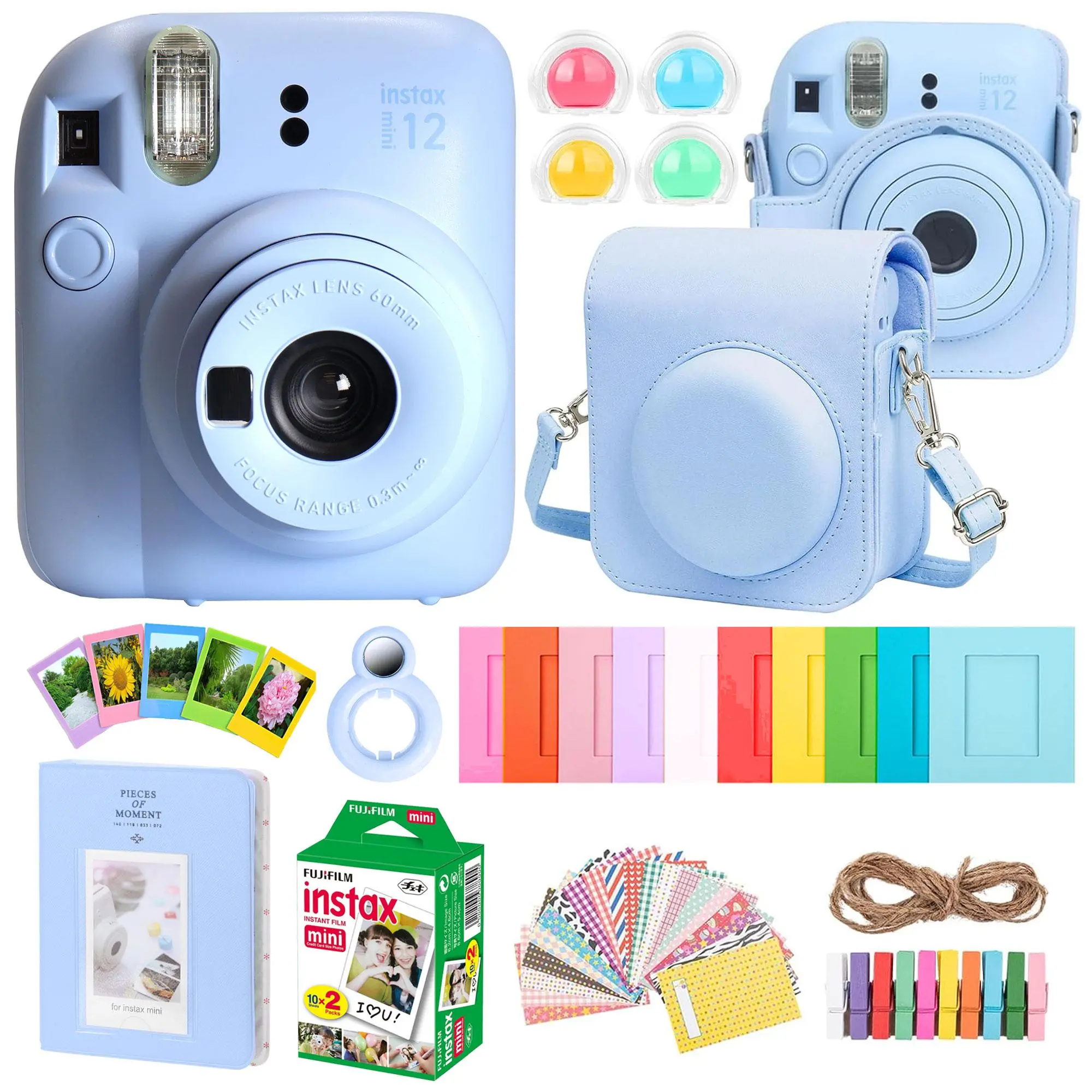 FUJIFILM INSTAX MINI 12 Instant Film Camera (Pastel Blue) + Complete Accessory Kit for Fujifilm Instax Mini 8/9/11/12 – Camera Case, Photo Album, Frames, Stickers & Lens Filters (Blue) + Fujifilm 2x10 Film Mini Instax Film Pack