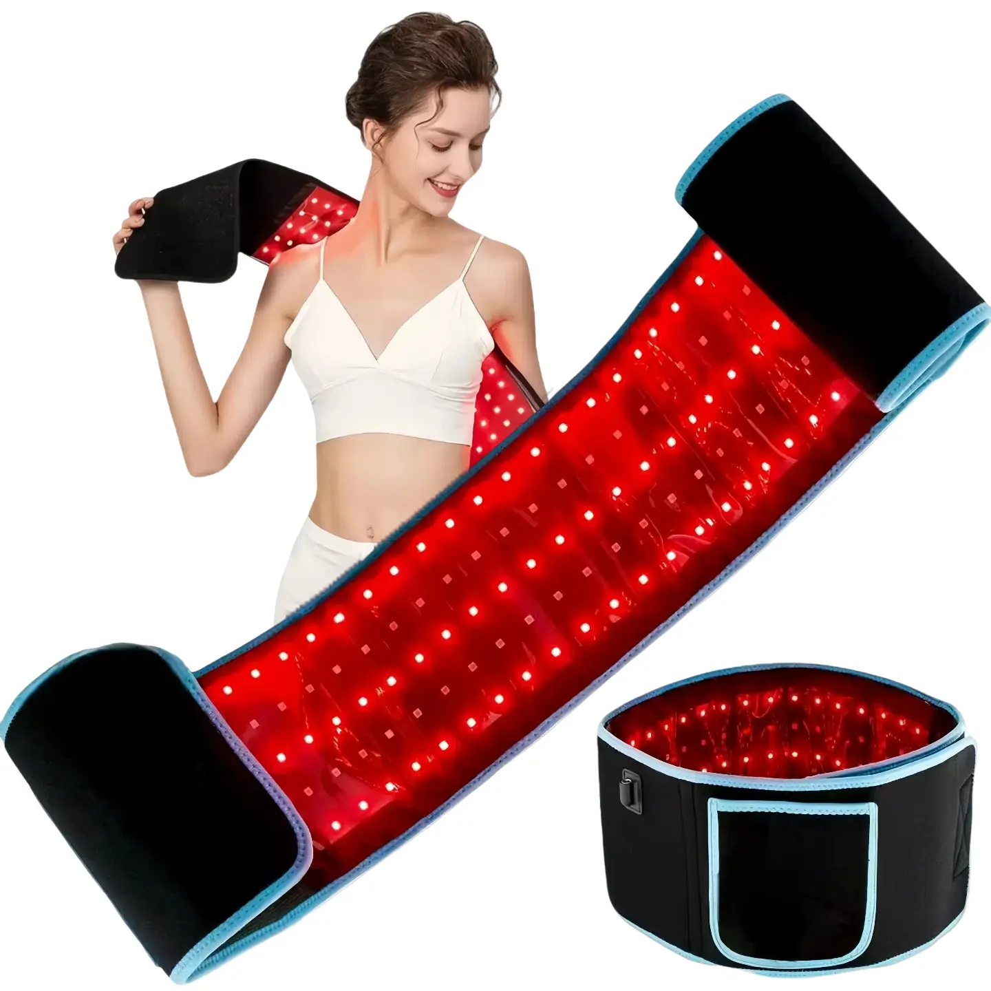 Red & Near-Infrared Light Therapy Belt for Stress Relief & Skin Refinement - Adjustable Heated Wrap for Waist with Soothing Vibration & USB Port, Gentle, Shoulders