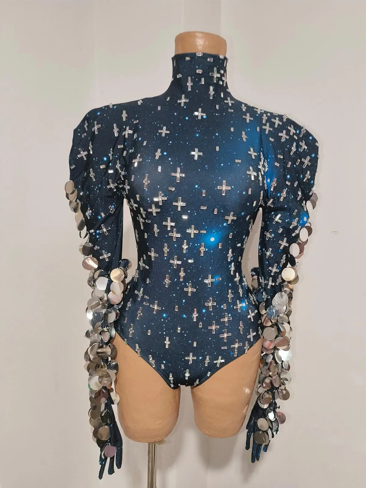 Women's Cotton Mock Neck Long-Sleeve Bodysuit, Dark Blue Galaxy Sky Print Sequin Design, Back Zipper Tops for Stage Performance, Club Outfits
