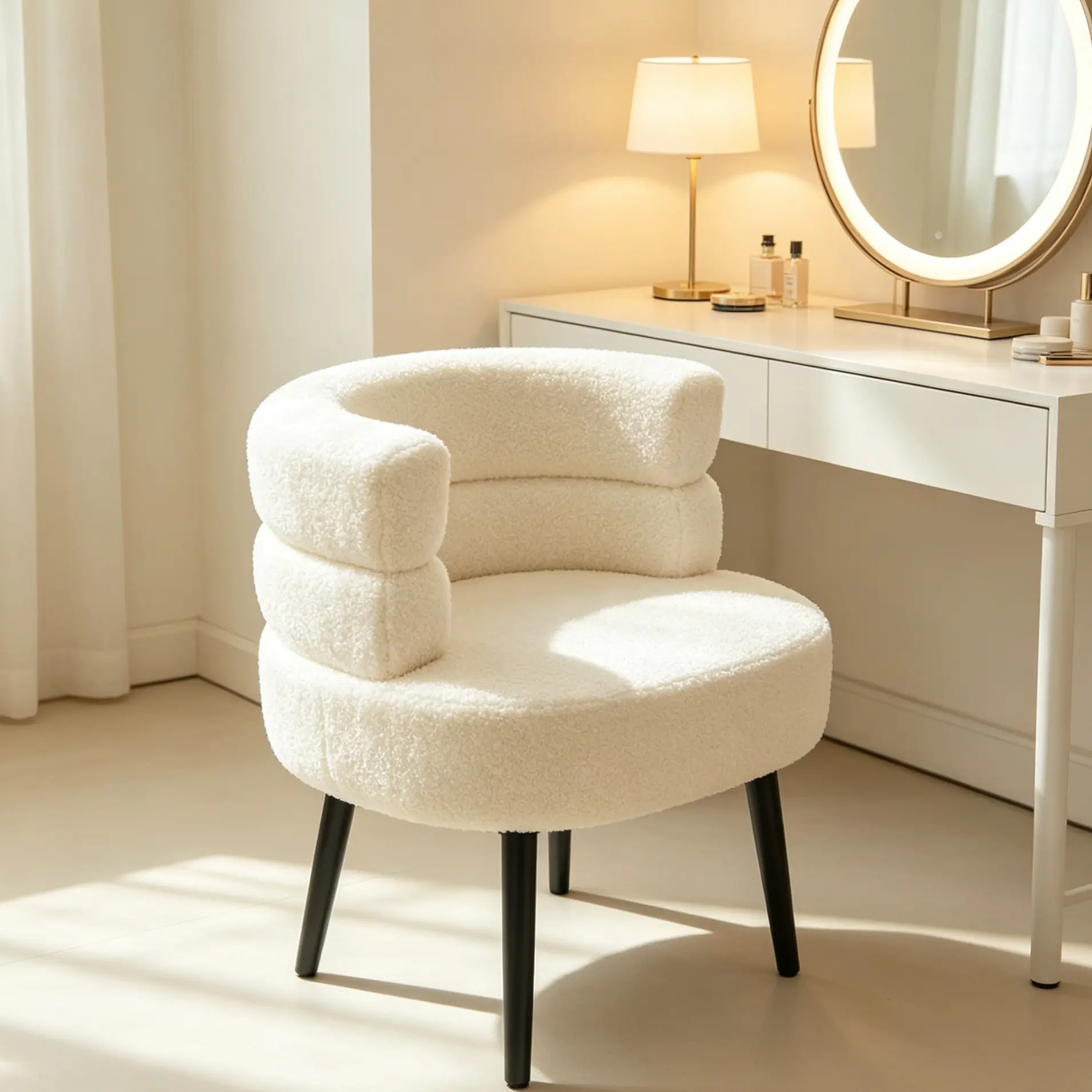 Beige White Makeup Vanity Chair with Backrest, No Wheels Comfy Fabric Dressing Stool Easy to Assemble for Bedroom Vanity Room Home Office