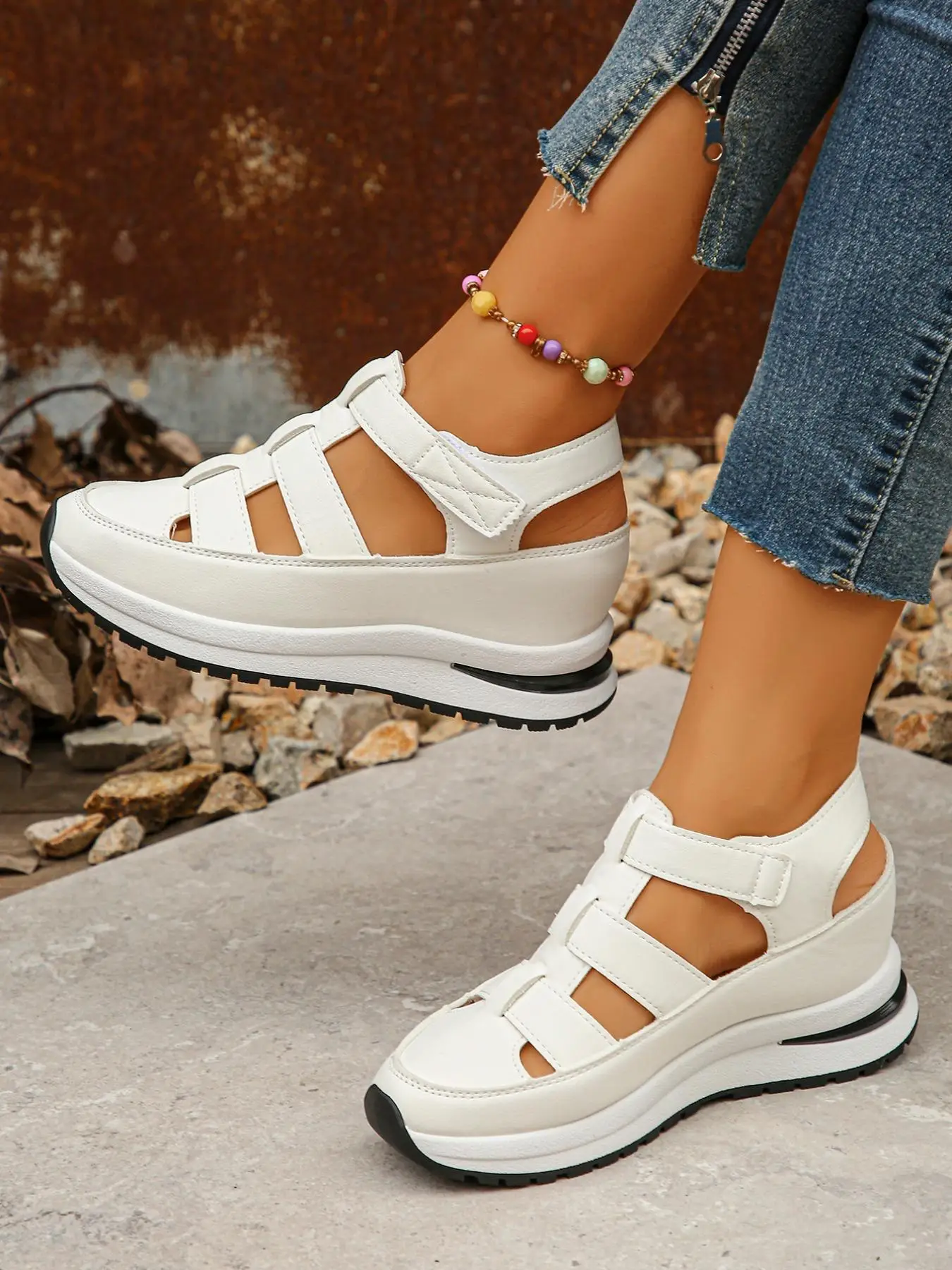 Women's Fashion Hollow Out Design Velcro Sandals Back To School, Casual Comfortable Platform Walking Shoes for Summer, All-match Commuter Shoes for Da