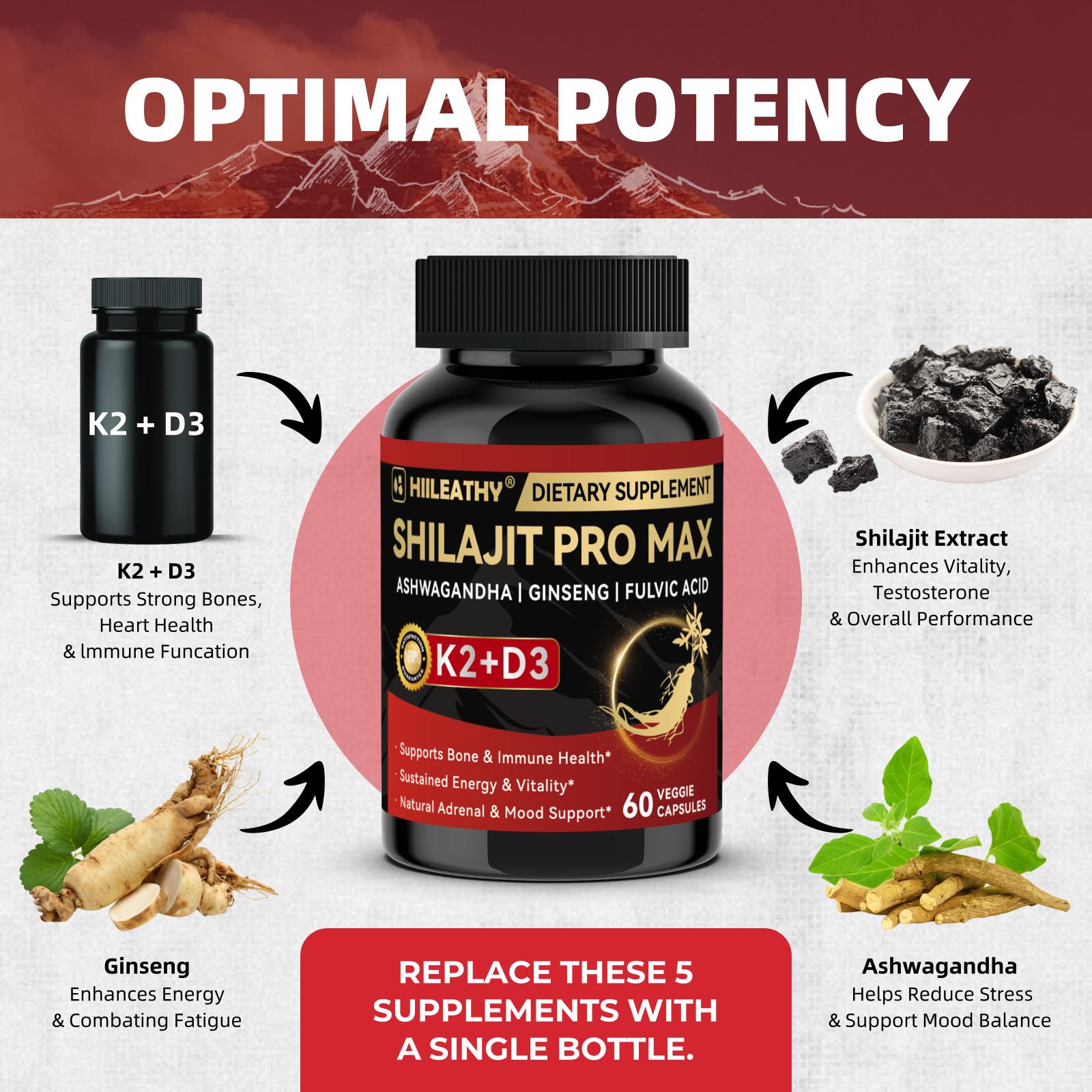 HIILEATHY | Shilajit Pro Max【Bundle & Save】 — Himalayan Shilajit with Fulvic Acid & 84+ Trace Minerals, Panax Ginseng Root, Ashwagandha Root Extract, Vitamin K2 (& D3 — 60 Capsules — USA Made