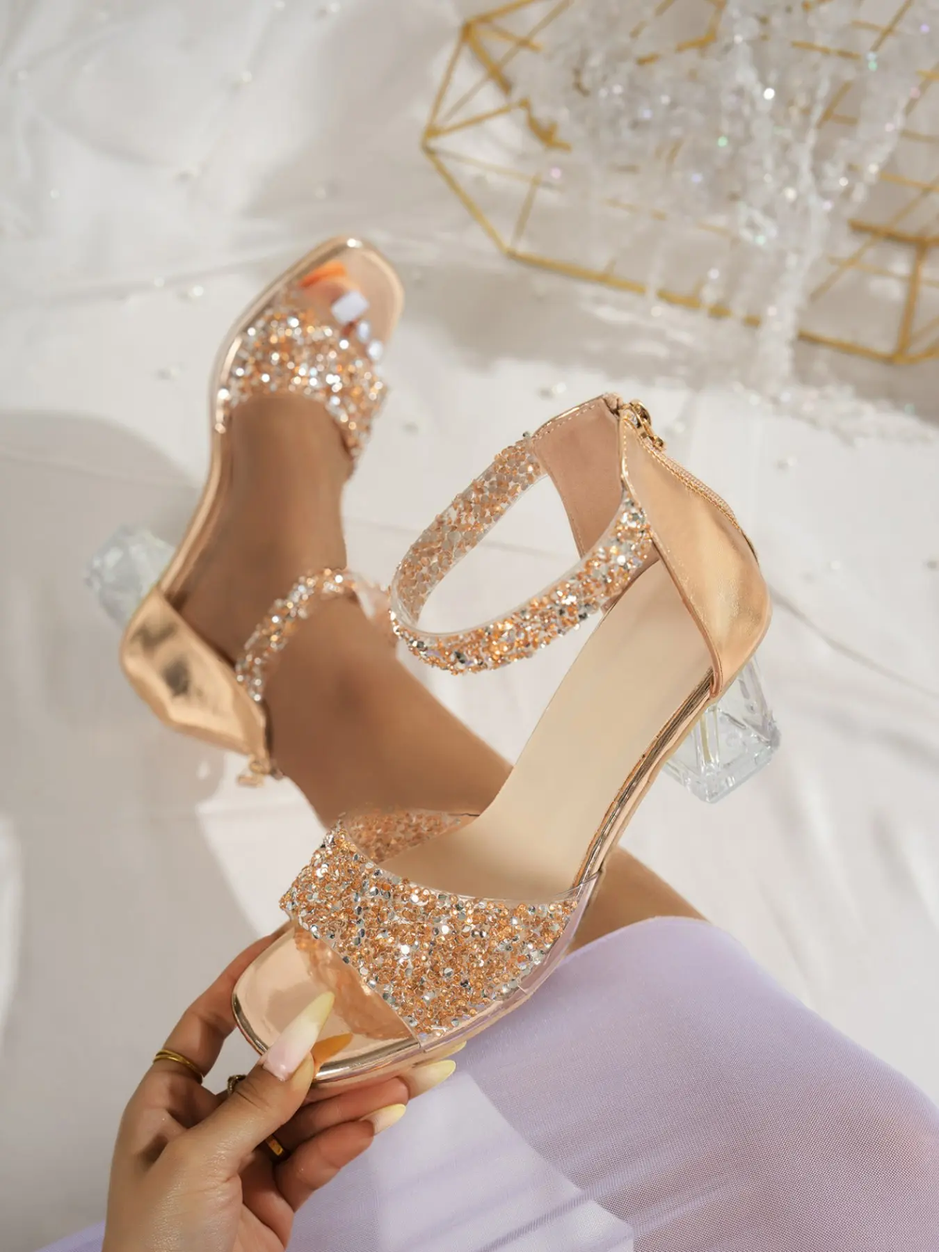 2026 Summer Champagne Crystal Chunky Heel Shoes, Sparkling Sequins Embellished Heels Slip-On Party Dating Sandals, Elegant Women's Footwear, Elevated Sandals, Glitter Decorated Sandals, Chic Summer Footwear, Fashionable Heeled Sandals