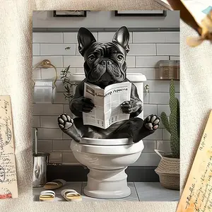 Funny French Bulldog on Toilet Canvas Art Print - Humorous Dog Wall Decor for Bathroom, Home, Office or Cafe, 30.48x 40.64cm , Wooden Frame, Black and White Illustration, Perfect Gift for Dog Lovers, Dog Decor, Art Wall Decoration