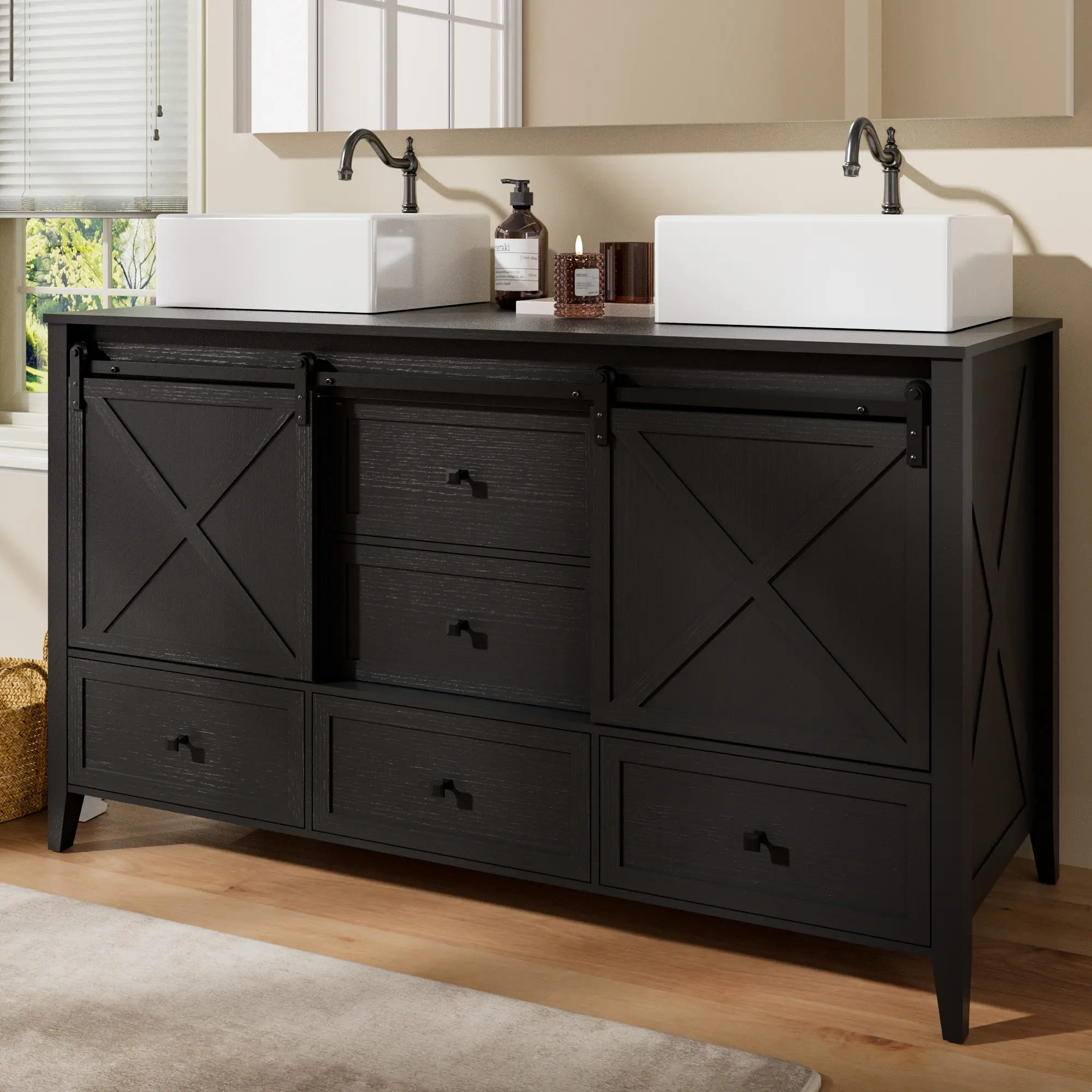 Bathroom Vanity with Sink - 60 Inch Bathroom Vanity Double Sink Ceramic, Freestanding Cabinet with 2 Farmhouse Sliding Barn Doors and 5 Drawers, Space-Saving Storage Cabinet, Black Wood Grain