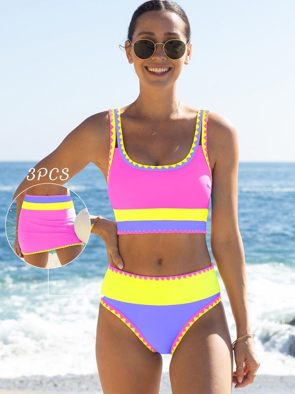 Popvil Patchwork Sporty 3 Piece Bikini Sets,Tummy Control & High Waisted Swimsuit with Wide Shoulder Straps