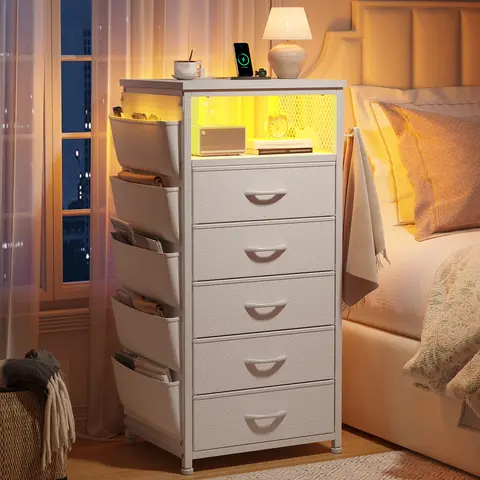 Raybee Tall Nightstand with LED Lights & Charging Station, Narrow  Dresser with 4 Drawers & Side Pockets & Hanging Hooks, Tall Storage Tower End Side Table for Living Room, Dorms, Apartment, Entryway, Bedside Organizer Hub, Printer Stand
