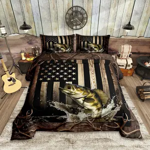 Vintage American Flag Bedding Set,3D Bass Fish Comforter Set,Hunting Fishing Quilt Set for Kids Boys Teens Adult Room Decor,Rustic Farmhouse Wooden Striped Duvet Insert,Black Brown