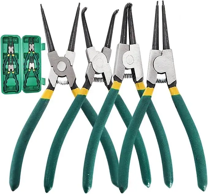 Industrial-Grade 7-in Spring Clip Pliers 4-Piece Set - Inner/Outer Curved, Straight-Jaw Designs with Ring Guards, Manual Tool for Automotive Repair & Fastener Extraction