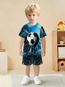 Blue Tech Football Full Print Short Sleeve Set, Boy's Summer Unique Two-Piece, Casual Fitted Shorts Suit, Graphic Print Set