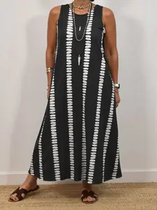Women's Plus Size Sleeveless Round Neck Long Boho Bohemian Dress, Casual Wear, Striped Geometric Print Design, Beach Sun Protection, Perfect for Vacation Wear