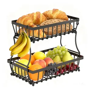 Fruit Basket for Kitchen Counter, 2 Tier Fruit Vegetable Basket with 2 Mobile Banana Hangers, Detachable Metal Bread Basket for Vegetables Snacks Fruits, Black