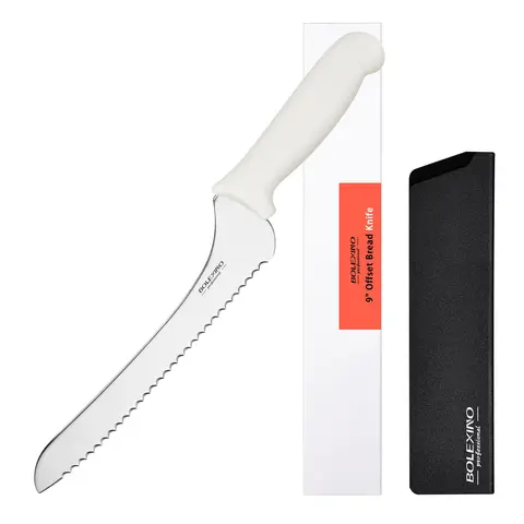 BOLEXINO 9-Inch Offset Serrated Wavy Edge Knife - High Carbon Stainless Steel Rust Resistant Kitchenware Utensils, Ergonomic Handle, Versatile Cutting for Crusty Breads, Cuts Bagels & Cake