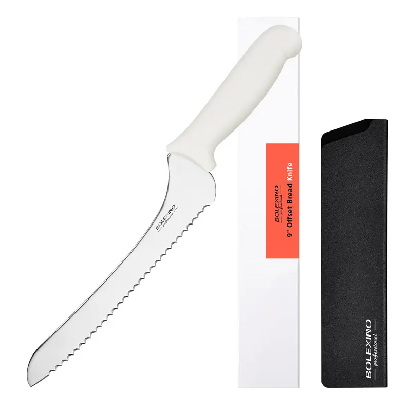 BOLEXINO 9-Inch Offset Serrated Wavy Edge Knife - High Carbon Stainless Steel Rust Resistant Kitchenware Utensils, Ergonomic Handle, Versatile Cutting for Crusty Breads, Cuts Bagels & Cake