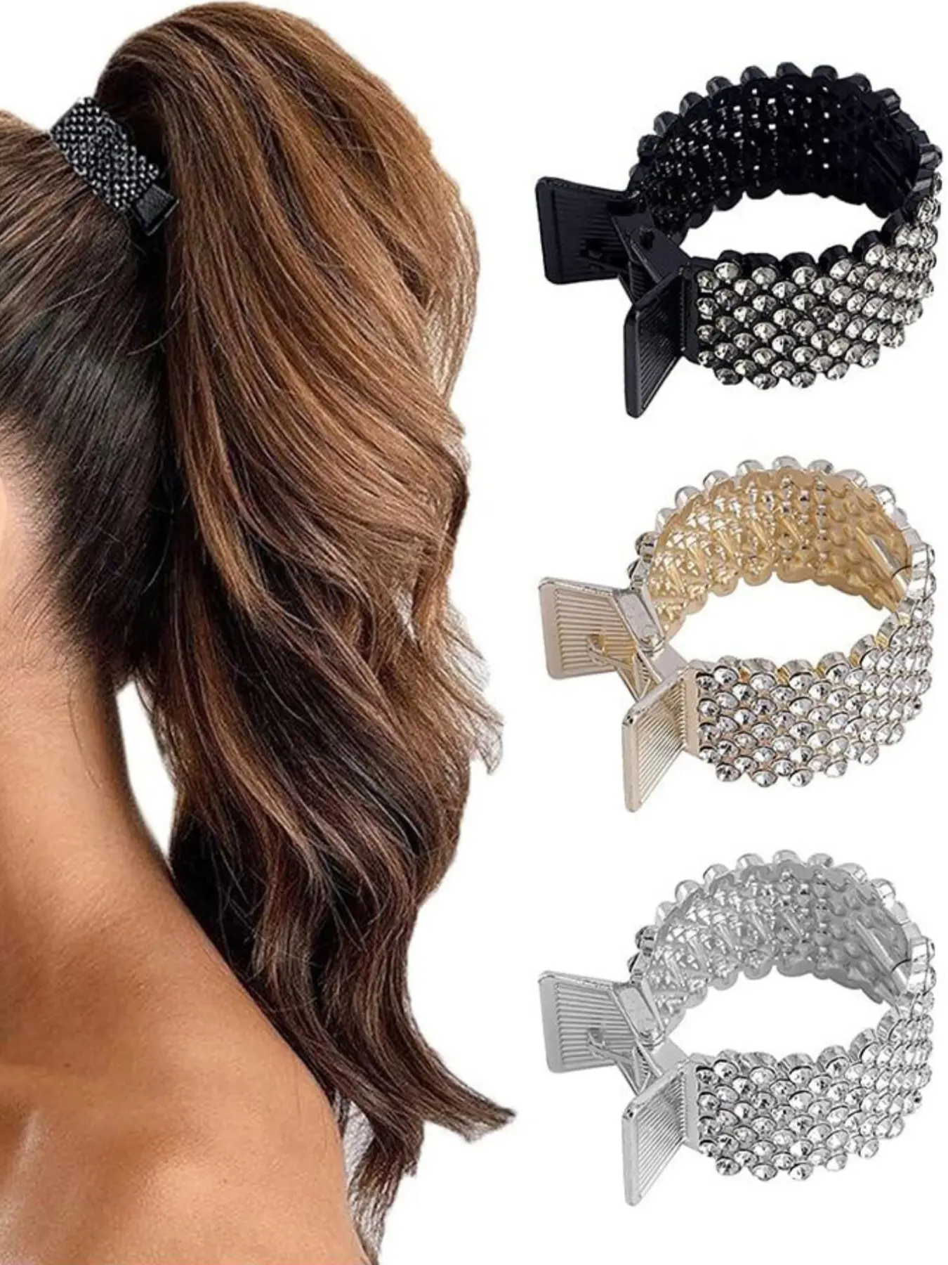 3-Pack Metal Rhinestone High Ponytail Hair Clips, Anti-Fall Fixed Hair Claw, Back Head Claw Clip, Easy Bun Maker, Hair Bun Accessories, Hair Decor, Fashion Hair Accessories, All Seasons, Hair Claws Set