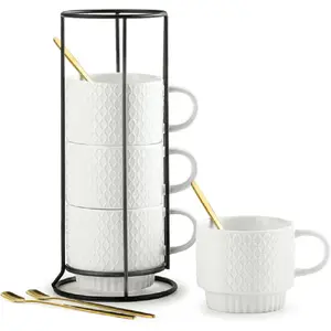 Stackable Coffee Mugs with Rack, 13 oz Ceramic Coffee Mug Set of 4 with Stand, Latte Cup with Spoon, Cappuccino Cups for Hot Cocoa, Milk, White