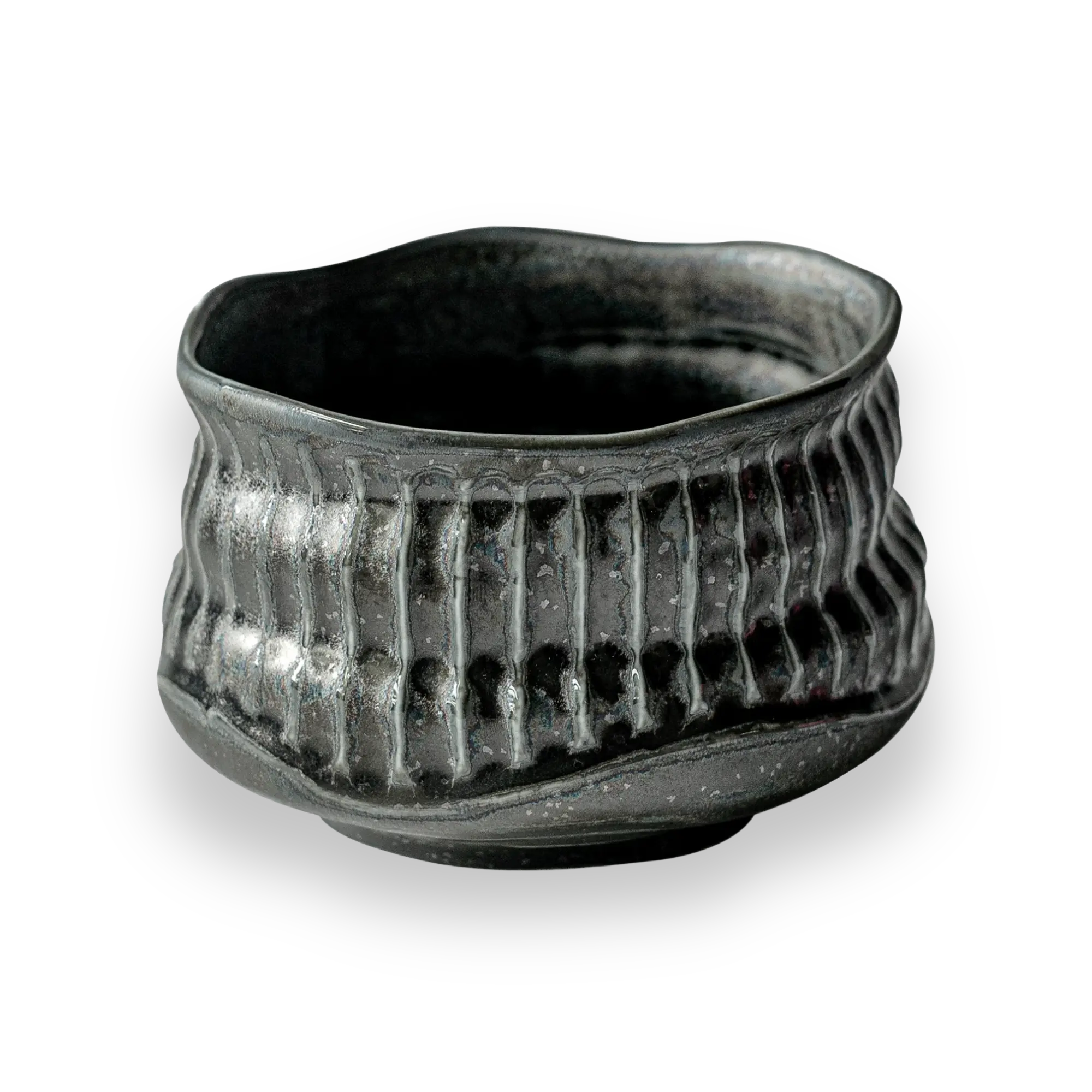 Black Ceramic Meisen Matcha Bowl Handcrafted by Japanese Artisans with Vertical Ridges & Organic Feel Traditional Pottery