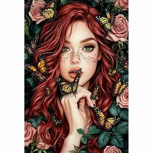 Red-Haired Woman with Monarch Butterflies Diamond Painting Kit, featuring a freckled green-eyed beauty surrounded by blooming pink roses and monarch butterflies, 5D round & square rhinestone DIY cross stitch home decor art for nature and portrait lovers