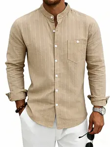 Men's Linen Striped Stand Collar Shirt, Casual Loose Fit Long Sleeve Top, Asymmetrical Design, All Seasons, Unisex Trendy Blouse