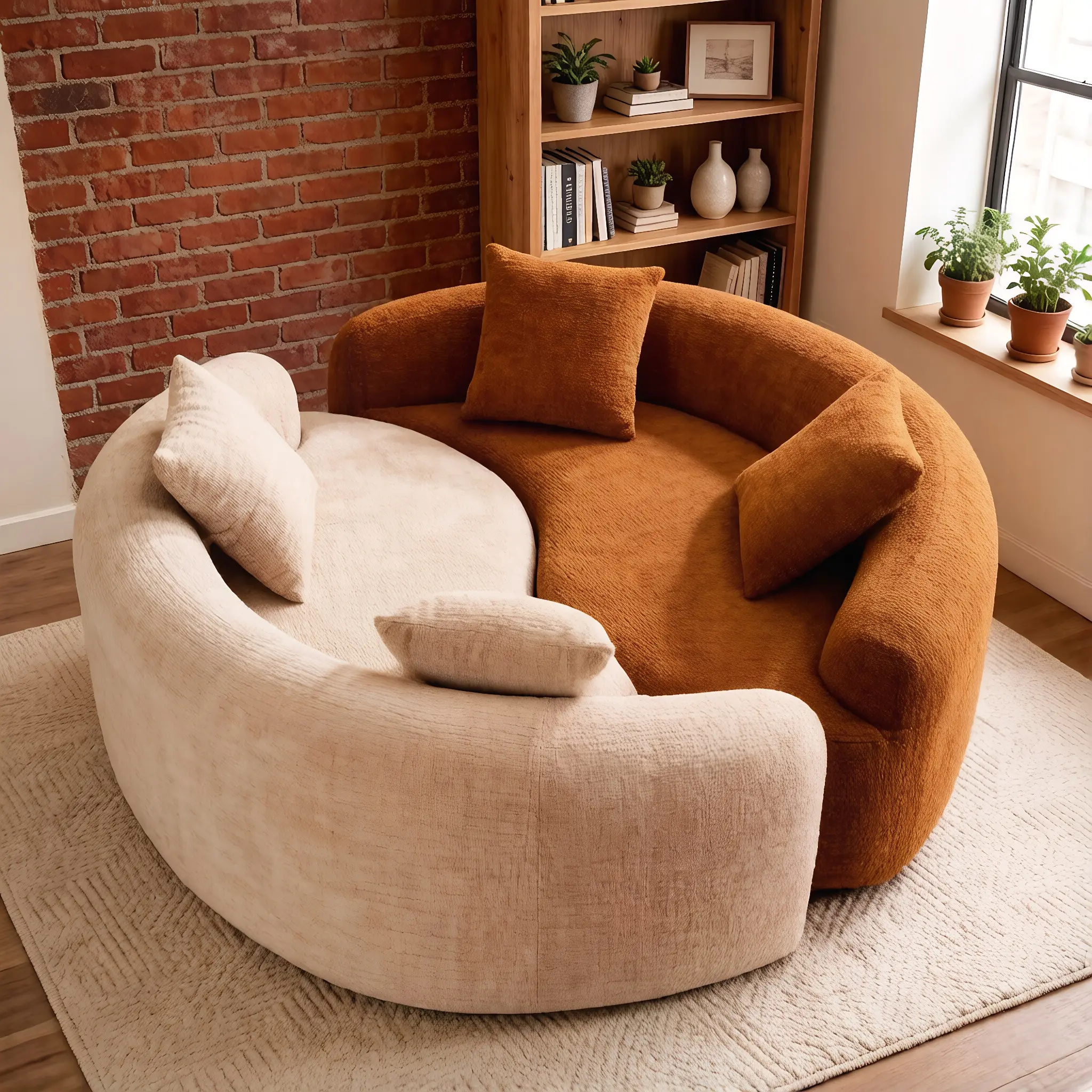 67-Inch Round Sofa, Comfy Chenille Deep Seat Sofa, All-Foam Modular Curved Floor Sofa with Pillows for Living Room Apartment, No Assembly