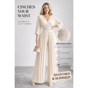 Women's Elegant V-Neck Pleated Jumpsuit, 3/4 Bell Sleeve, High Waist Wide Leg, Ruched Waist Detail, Silky Smooth Fabric, Versatile for Work, Wedding Guest, Party, Date Night, Plus Size Friendly, TikTok Shop Trending Fashion
