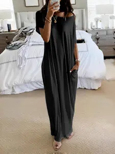 Women's Comfortable Loose-Fit Short Sleeve Nightgown, Casual Home Wear Loungewear for All Seasons, Soft Round Neck Sleepwear with Batwing Sleeves