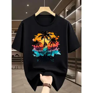 2026 Men's Retro Surfboard T-Shirt with Sunset Palm Tree Graphic Breathable Loose Fit Beach Streetwear Tee for Spring Summer - Soft, Menswear