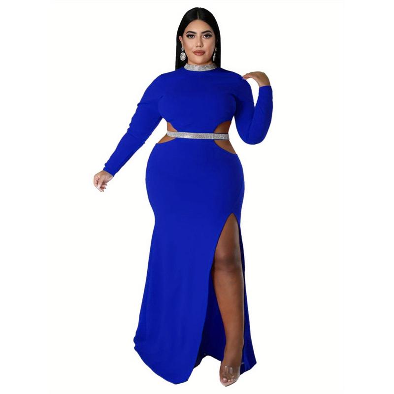 Plus Size - Plus Size Women'S Elegant Sexy Waist-Baring Slit Dress - Emerald Green Asymmetrical Hem Long Formal Party Dress with V-Neck & Slit Back, Floor-Length Winter Evening Gown for Women, Non-Stretch Elegant Party Outfit