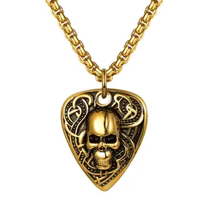 Guitar Pick Necklace for Men - Punk Rock Stainless Steel Skull Pendant Guitar Pick Holder Jewelry for Halloween Costume
