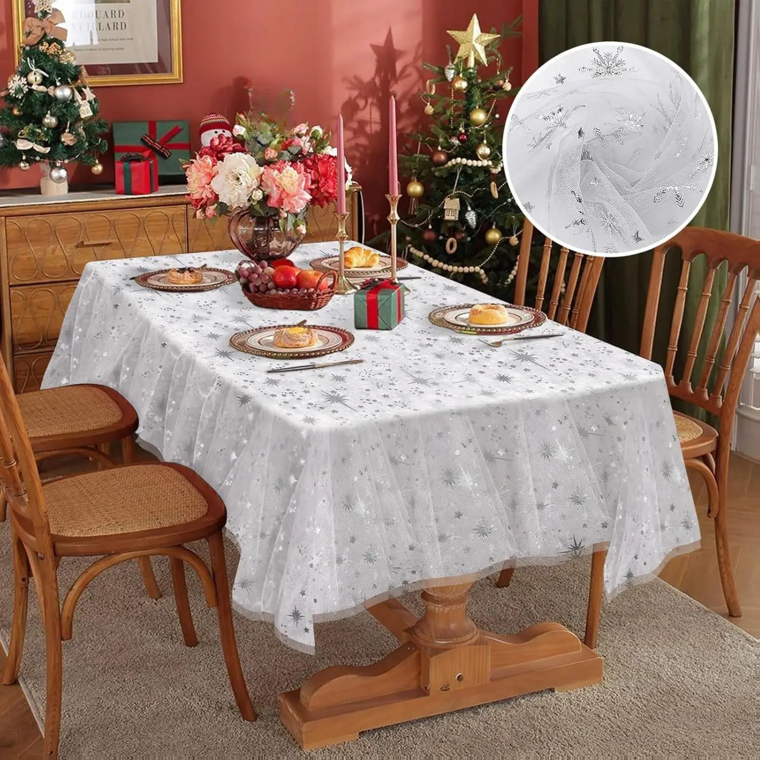 Sheer Fabric Tablecloth 60 x 120 inch – Silver Snowflakes Organza Tablecloth for Winter Wonderland, Frozen Birthday Party & Snowflake Christmas Decorations, Holiday Table Decor