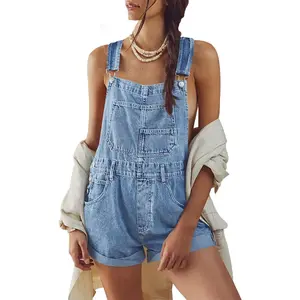 PASLTER Womenswear Basic Overalls Shorts Denim Bib Straps Shorts Casual Solid Color Minimalist Rompers Jumpsuits With Pockets Pants