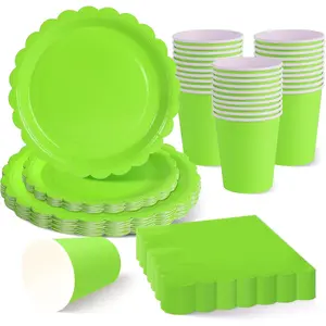 Apple Green Scalloped Party Set for 30 Guests, 9-inch & 7-inch Decorative Edge Plates, Cups & Napkins, Disposable Dinnerware for Easter, Spring Festival & Garden Party