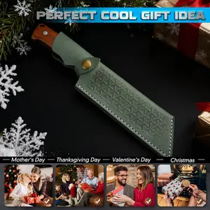 Damascus pattern knife with three rivet wooden handle, thickened blade, sharp and durable, multi-purpose tool, comes with a beautiful leather sheath, perfect for gifting during festivals.