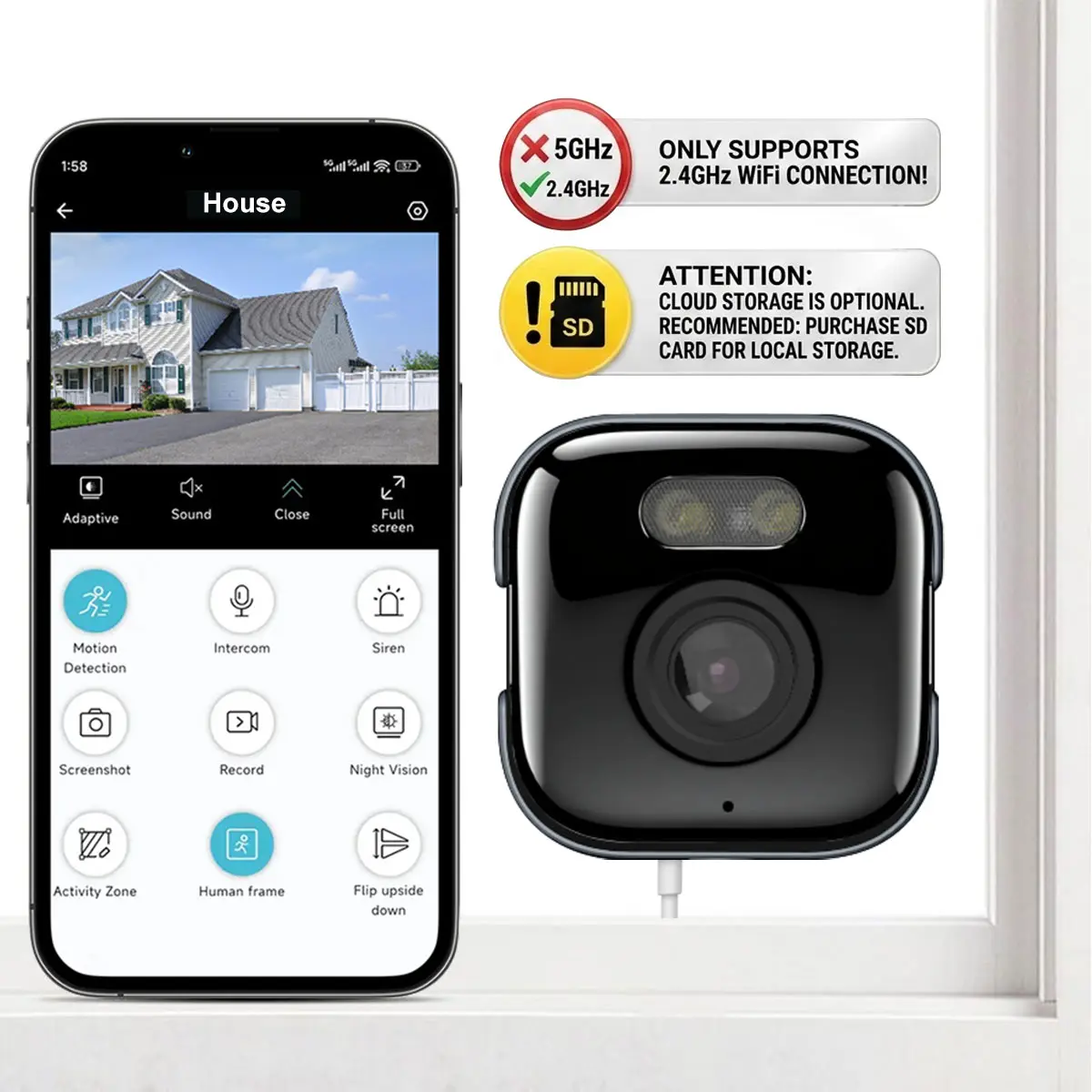 5MP Window Camera,2K Ultra HD Quality with Starlight Night Vision,supports 2.4GHz Wi-Fi Camera for home security,Multisharing and Motion detection,Dual storage options and Two-way audio,Easy & Quick Install
