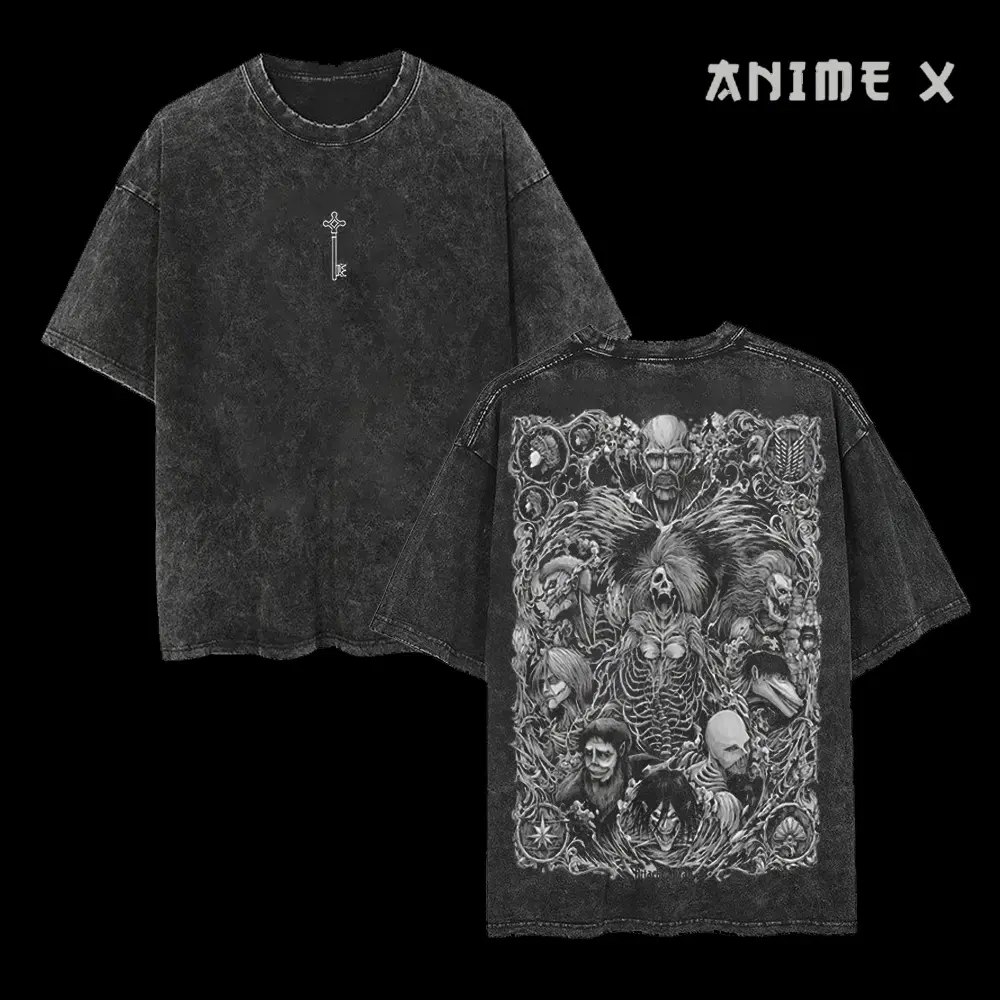 Unisex Attack On Titan "The Key" Oversized Graphic Tee - Retro Vintage Washed Heavyweight Cotton Anime T-Shirt, Double Printed Shingeki No Kyojin Manga Streetwear, Perfect Gift for Anime Lovers Black Crewneck