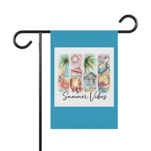 Summer Vibes beach collage Garden Flag House Banner, Tropical Palm Flamingo