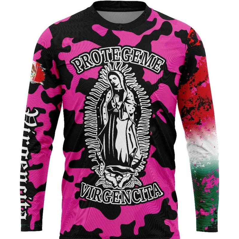 St. Jude & Virgin Mary Off-Road Racing Shirt with Mexican Flag Camo, Athletic Letter Print T Shirt, Long Sleeve Ethnic Pattern Tee for All Seasons, Fitted Street Rider Style, Sportswear Top, Athletic Tee Shirts, Athletic Apparel Tops, Athletic Clothes